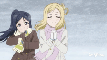 two anime girls are playing in the snow and one of them is holding the other 's hand