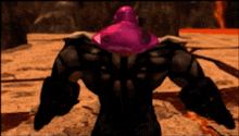 a video game character with a purple head and a black body