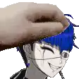 a close up of a person 's head with a hand on it . the person is wearing glasses and has blue hair .