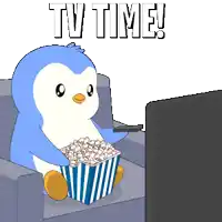 a penguin sitting on a couch eating popcorn and watching tv
