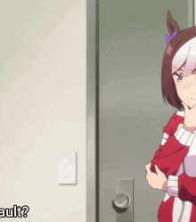 a girl in a red and white jacket is standing in front of a door with the words adult written below her