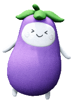 a purple eggplant with a white face and green leaf
