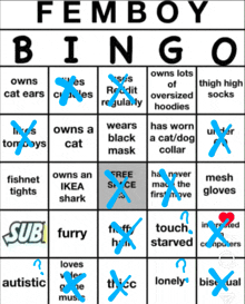 a femboy bingo card with blue x 's