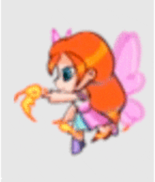 a cartoon fairy with orange hair and pink wings is holding a flame in her hand .