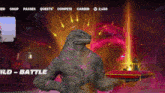a video game screen shows a monster holding a red pillow and the words battle on the bottom right