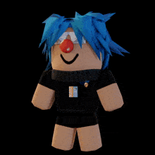 a cartoon character with blue hair and a red nose has a sticker on his shirt that says ' nintendo ' on it