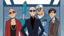 a group of cartoon characters are posing for a picture and one of them has a patch that says harold