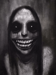 a black and white drawing of a woman with a huge smile on her face