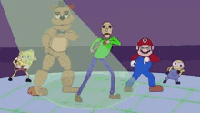 a group of cartoon characters are dancing in a room with a purple background .