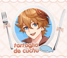a picture of a boy on a plate with the words tortaglia de cuchu written on it