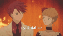 a couple of anime characters standing next to each other with the name cynthialice on the bottom