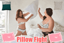two women in lingerie are having a pillow fight