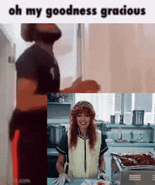 a man and a woman are standing in a kitchen with the words oh my goodness gracious