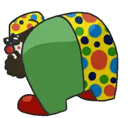 a cartoon drawing of a clown wearing a green hat and polka dot pants