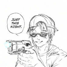 a drawing of a man holding a gun with the words just this night