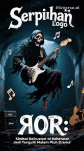 a grim reaper is playing a guitar on a poster