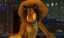 a cartoon lion is standing in front of a building that says a & b plaza