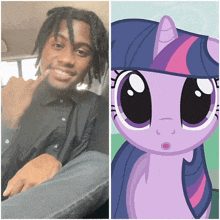 a man and a picture of twilight sparkle from my little pony