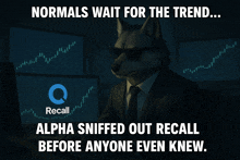 a wolf wearing a suit and tie is sitting in front of a computer screen with a recall logo on it