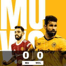 two soccer players are standing next to each other and the score is 0-0