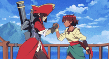a pirate and a pirate girl shake hands on a wooden deck