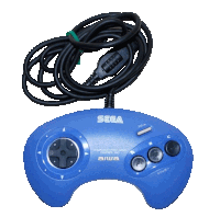 a blue sega game controller with a black cord