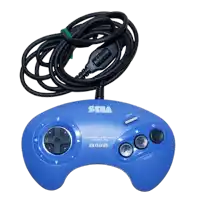 a blue sega game controller with a black cord