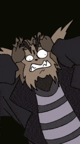 a cartoon drawing of a werewolf with a striped shirt and a black jacket