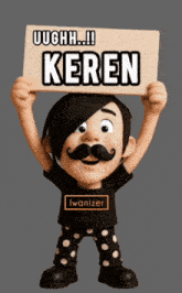 a cartoon character with a mustache is holding a sign that says keren