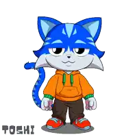 a drawing of a blue cat wearing an orange hoodie and brown pants