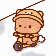 a teddy bear wearing a yellow hat is riding a scooter