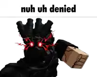 a cartoon character with red eyes and the words " nuh uh denied "