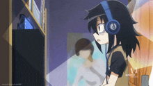 a girl wearing headphones and a t-shirt that says anime network on the bottom