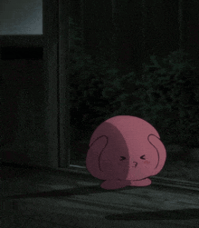 a pink cartoon character with arms crossed looks out a doorway