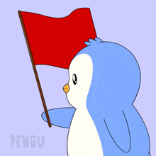 a penguin is holding a red flag and the word pengu is on the bottom right