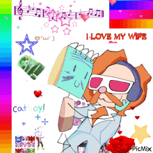 a cartoon of a man holding a book with the words " i love my wipe " in red