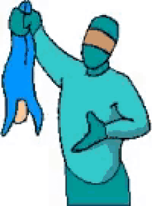 a cartoon of a surgeon wearing a mask and gloves holding a glove .