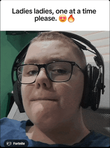 a picture of a man wearing headphones with a caption that says ladies ladies one at a time please