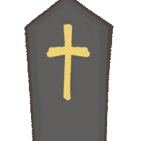 a cartoon of a person in a coffin with a cross on the side