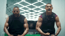 two men are standing next to each other with their mouths open and the word him is on the bottom right