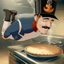 a cartoon of a man flying over a pie on a stove