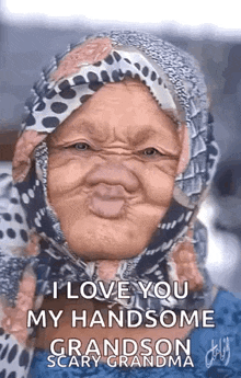 an older woman wearing a scarf around her head is making a funny face .