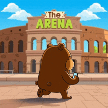 a cartoon of a bear walking in front of a building that says the arena
