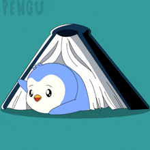 a blue and white penguin is laying on top of an open book with the word pengu on the bottom