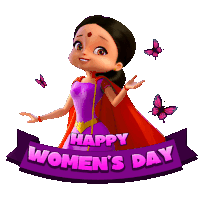 a happy women 's day greeting card with a cartoon girl and butterflies