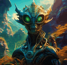 a painting of an alien with green eyes