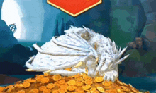 a white dragon is sitting on top of a pile of gold coins .