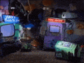 a video game room with a sign that says boss alert