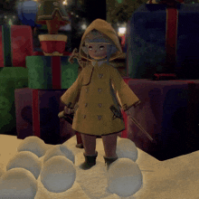 a girl in a yellow coat is standing in front of a pile of gifts