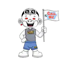 a cartoon character holding a flag that says call me on it